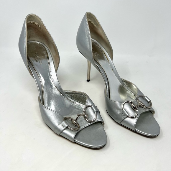 GUCCI Silver Leather Horsebit Open Toe Pumps Size 39 authentic Preowned - Picture 4 of 8